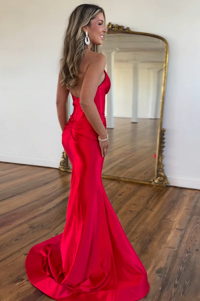 Sexy Mermaid Halter Red Satin Long Prom Dresses with Slit VK24102008