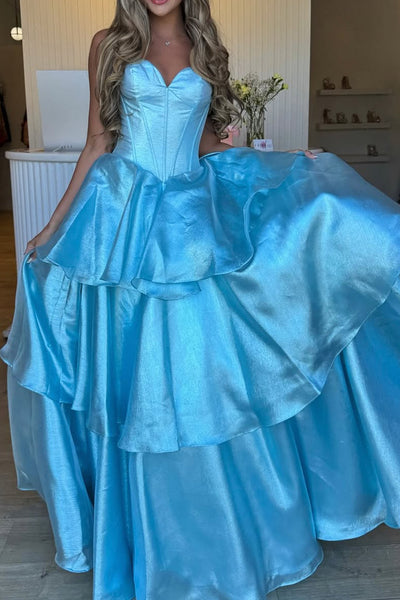 A-Line Strapless Light Blue Ruffle Tiered Long Prom Dresses with Bowknot VK25040102
