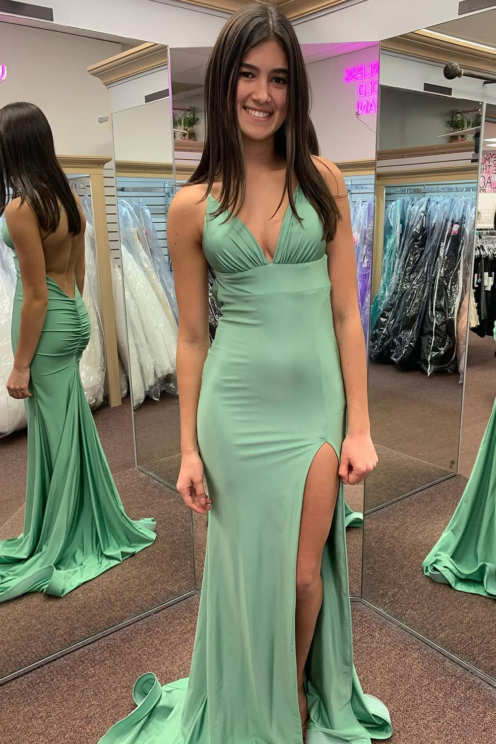 Cute Mermaid V Neck Green Elastic Satin Long Prom Dresses VK24121102