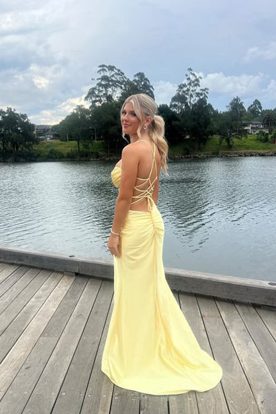 Cute Mermaid Straps Yellow Satin Slit Prom Dresses with Cross Back VK13120908