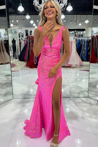 Sparkly Mermaid V Neck Pink Slit Prom Dress Evening Dresses VK112106