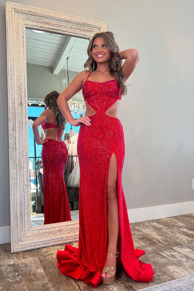 Sparkly Mermaid Straps Red Prom Dresses with Slit VK24102206