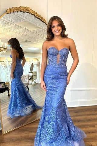 Cute Sweetheart Mermaid Blue Lace Prom Dresses with Appliques VK112118