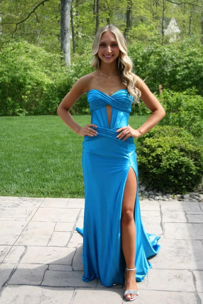 Mermaid Sweetheart Keyhole Blue Slit Prom Dress VK24122614