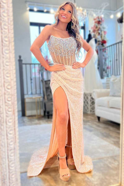 Charming Mermaid Scoop Neck Gold Sequins Slit Prom Dress With Beading