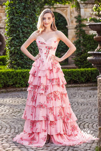 A Line Sweetheart Floral Printed Chiffon Tiered Prom Dress with Sit VK24122710