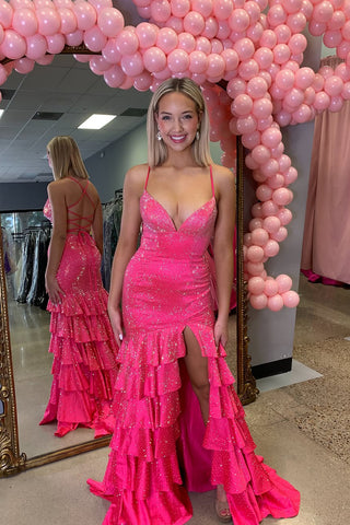 Mermaid V Neck Fuchsia Ruffle Tiered Long Prom Dresses with Slit VK021511