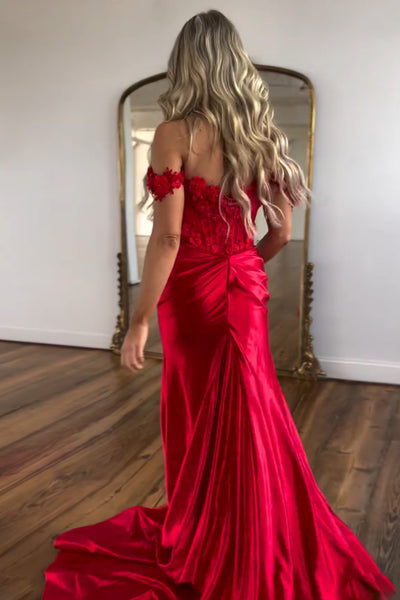 Cute Mermaid Off the Shoulder Red Satin Prom Dresses with Slit VK24102020