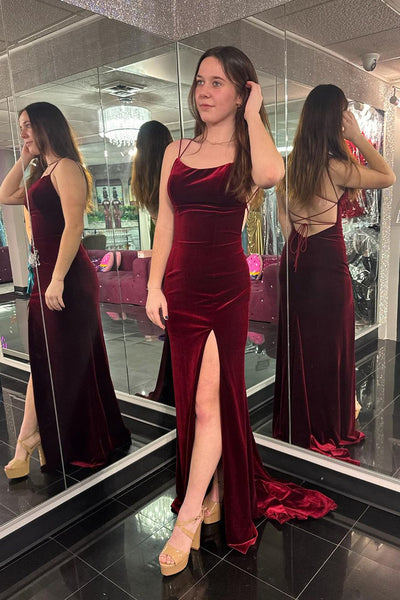 Burgundy Scoop Neck Velvet Mermaid Long Prom Dresses with Slit VK24040101