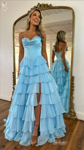 Cute A Line Sweetheart Light Blue Tiered Chiffon Prom Dress with Slit VK020202