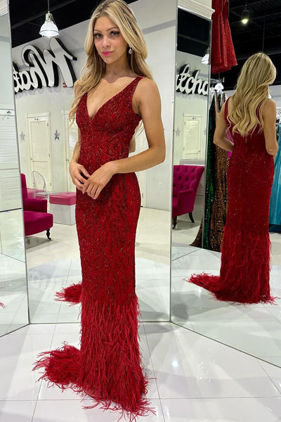 Mermaid V Neck Dark Red Sequins Long Prom Dresses with Feather VK24022802