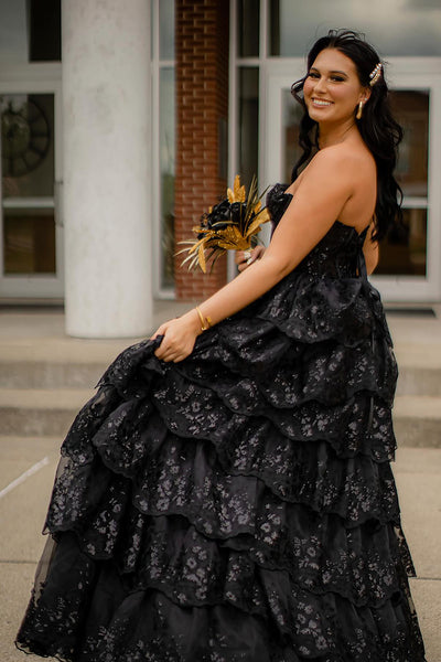 Cute A Line Sweetheart Black Tiered Tulle Long Prom Dresses with Appliques VK24102001