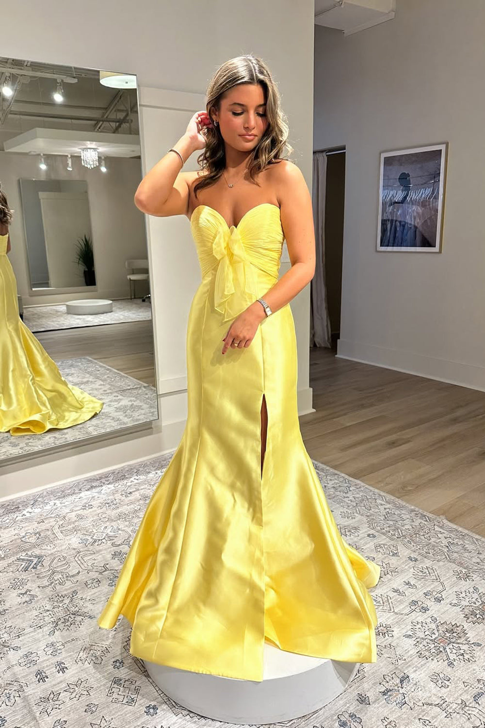 Cute Mermaid Strapless Yellow Satin Slit Prom Dress with Bow VK1361803