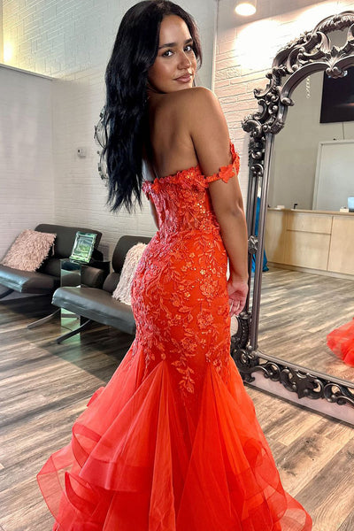 Cute Mermaid Off the Shoulder Orange Lace Long Prom Dresses with Appliques