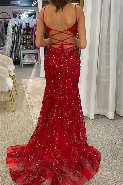 Cute Mermaid V Neck Red Sequins Lace Prom Dress VK24122406