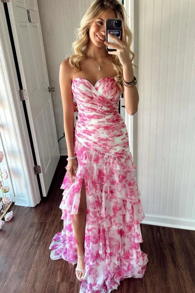 Sheath Strapless Floral Printed Chiffon Prom Dress with Slit VK24122612