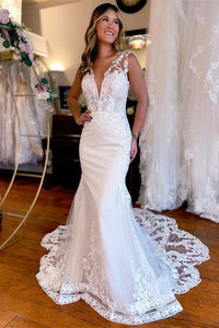 Elegant Mermaid V Neck Lace Long Wedding Dresses with Appliques VK24100907