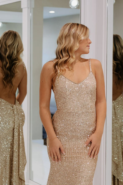 Charming Gold Sheath V Neck Prom Dresses VK24102205