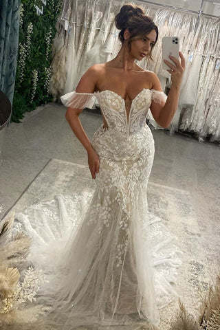 Romantic Mermaid Off the Shoulder Lace Tulle Wedding Dresses with Appliques