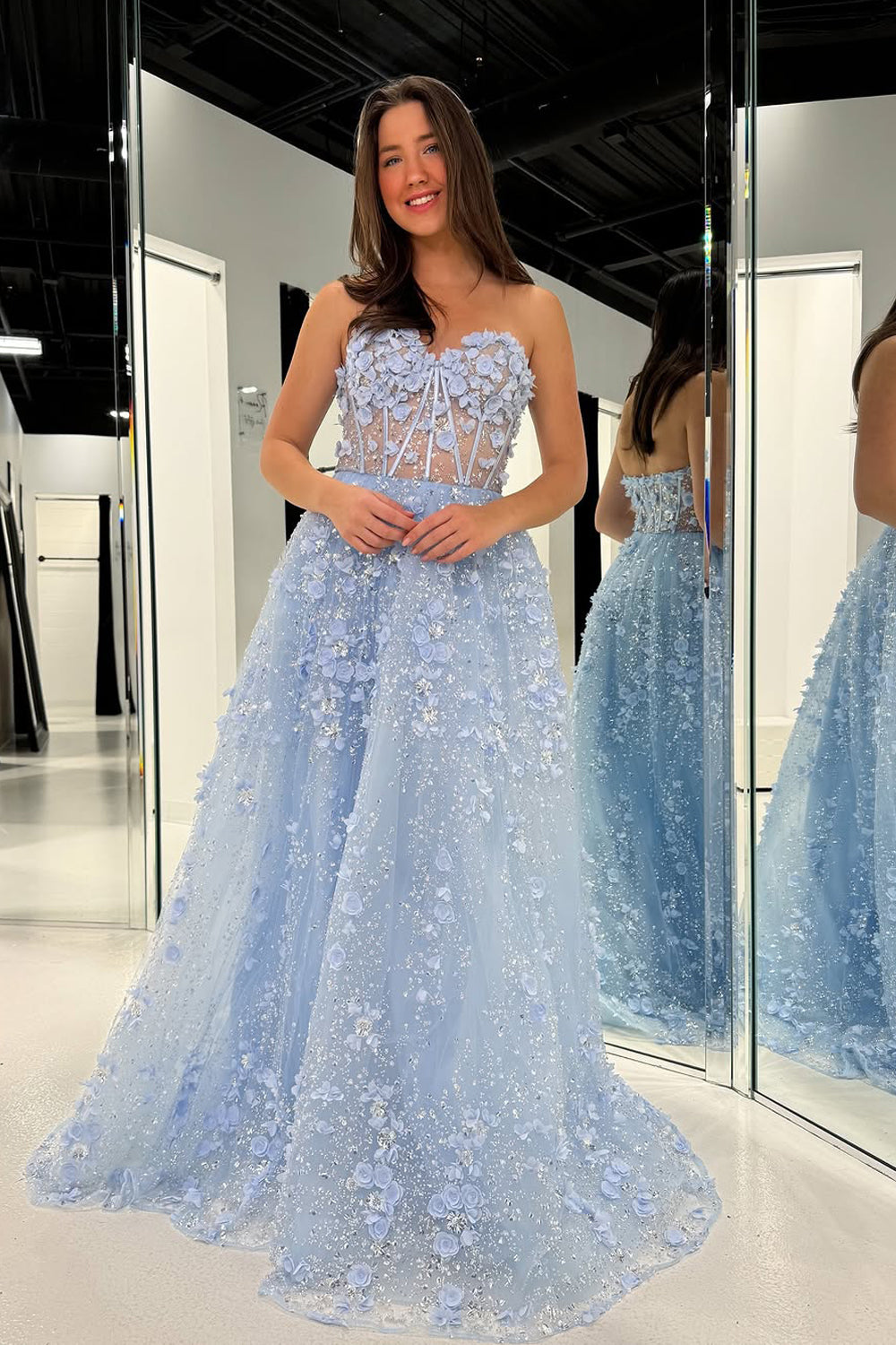 A-Line Strapless Light Blue Sequins Long Prom Dresses with 3D Flower Appliques VK022406