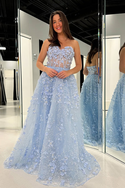 A-Line Strapless Light Blue Sequins Long Prom Dresses with 3D Flower Appliques VK022406