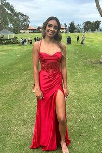 Cute Mermaid Scoop Neck Red Satin Slit Prom Dresses with Appliques VK130613