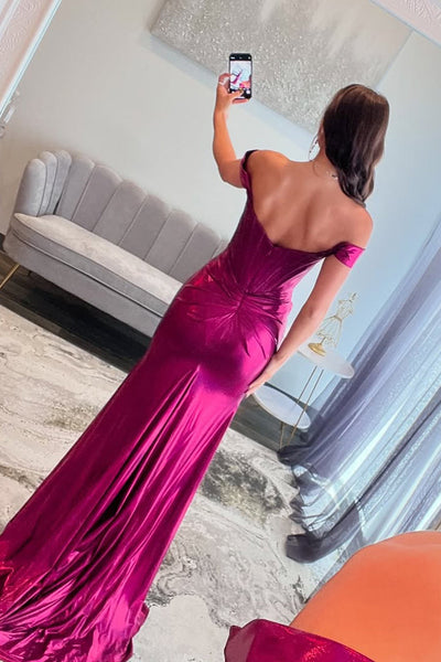 Cute Mermaid Off the Shoulder Fuchsia Satin Long Prom Dresses with Slit VK13120907