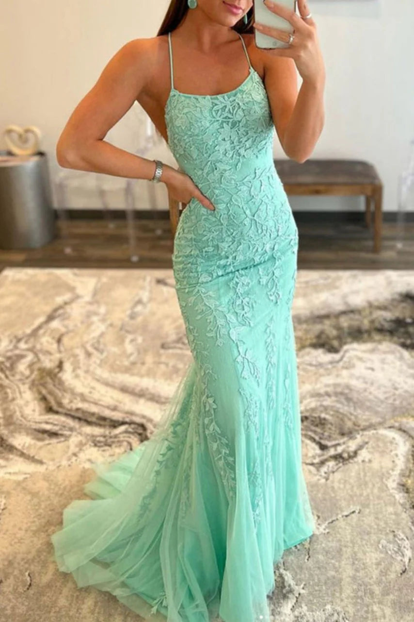 Mermaid Scoop Neck Mint Aqua Lace Long Prom Dress VK25010610