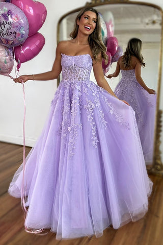 Cute Ball Gown Strapless Lavender Tulle Prom Dresses with Appliques VK24102404