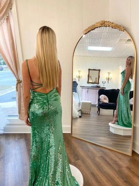 Charming Mermaid Scoop Neck Green Sequins Prom Dresses with Slit VK24102301