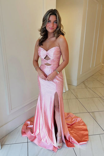 Cute Mermaid Sweetheart Keyhole Pink Satin Long Prom Dress with Sit VK24123005