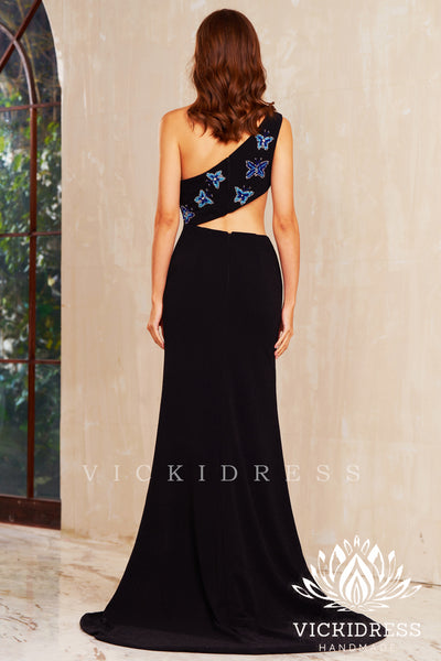 Black One Shoulder Butterfly Mermaid Long Prom Dresses with Slit VK24010708