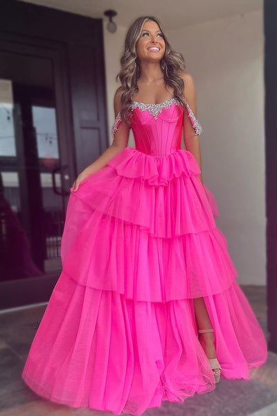 Cute A Line Off the Shoulder Hot Pink Tulle Long Prom Dresses with Beading VK241002