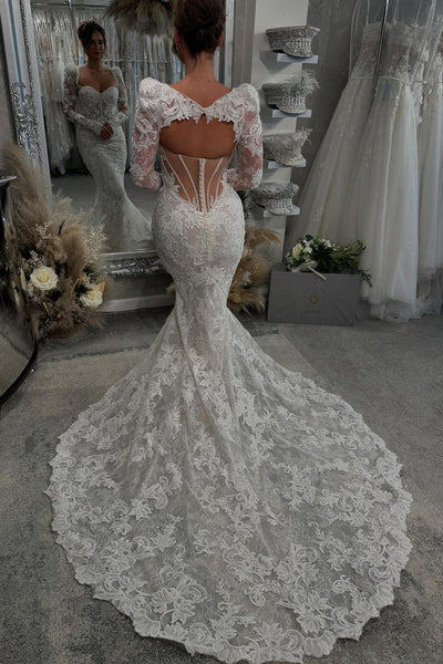 Elegant Mermaid Vintage Lace Long Wedding Dresses with Ruffled Sleeves VK24101001