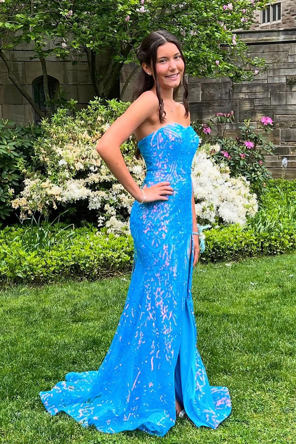 Sparkly Mermaid Strapless Blue Sequins Long Prom Dresses