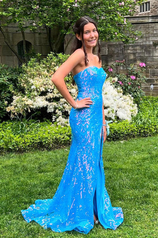 Sparkly Mermaid Strapless Blue Sequins Long Prom Dresses