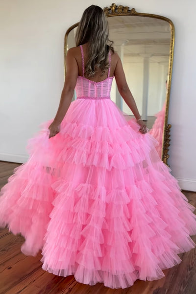 Cute A Line Scoop Neck Pink Tiered Tulle Long Prom Dresses with Beading VK24102018