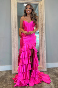 Charming Mermaid V Neck Pink Satin Tiered Prom Dress with Slit VK25013102