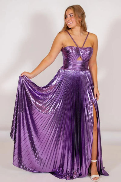 Charming A Line Staps Sparkly Satin Long Prom Dresses with Slit VK24102501