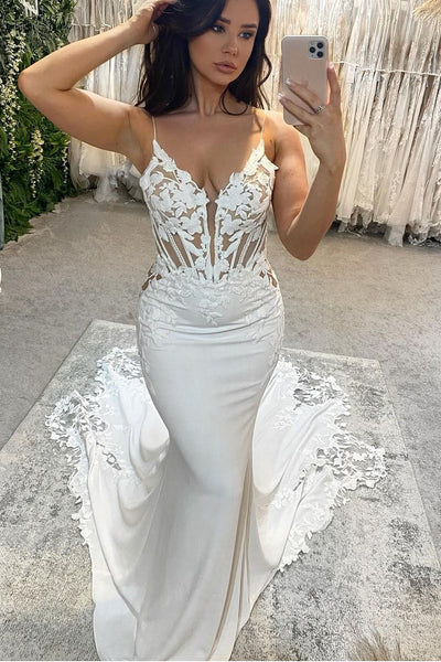 Charming Elegant Mermaid V Neck Wedding Dresses with Appliques VK24101002