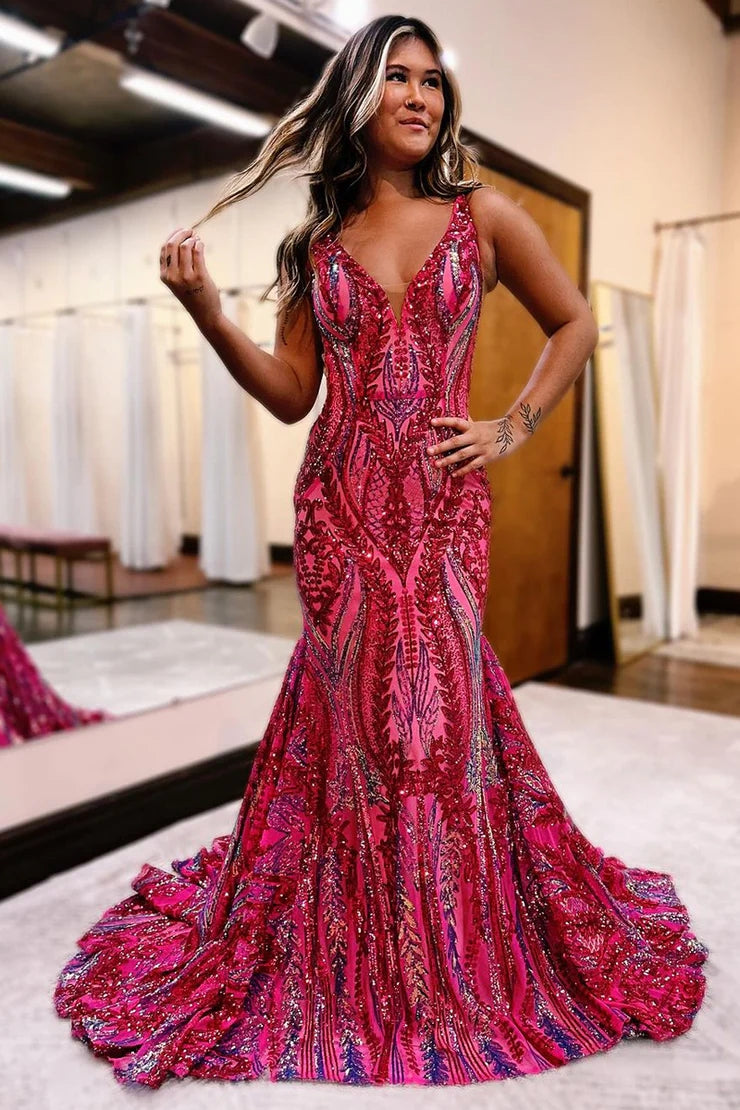 Cute Mermaid Fuchsia Red Sequins Lace Long Prom Dresses VK112118