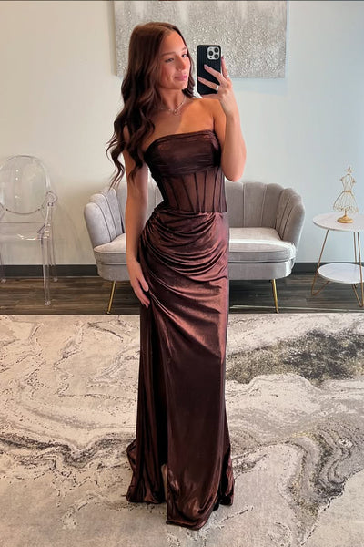 Charming Sheath Strapless Dark Brown Metallic Satin Prom Dress with Slit VK25012602