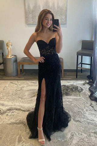 Cute Mermaid Sweetheart Black Lace Beaded Prom Dresses with Slit VK112113