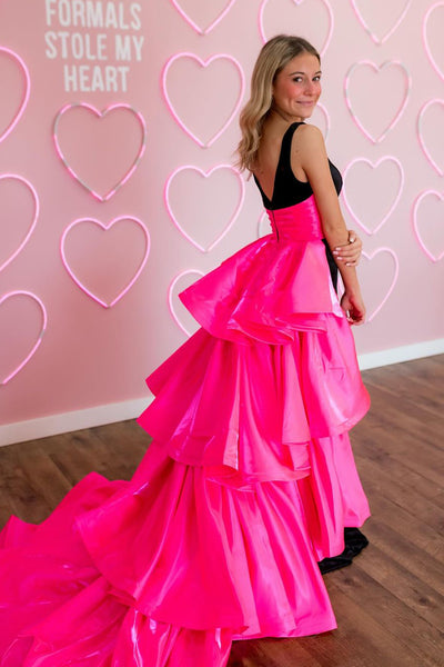 Cute Mermaid V Neck Black Pink Long Prom Dresses Two Piece VK24102909