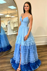 Fairy A Line V Neck Colorful Tulle Prom Dresses with Slit VK24102303