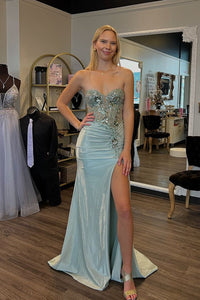 Charming Mermaid Sweetheart Sage Green Slit Prom Dresses with Appliques VK1310