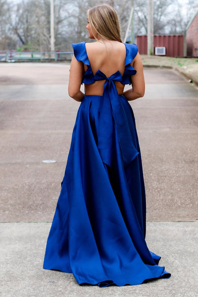 A-Line Square Neck Royal Blue Satin Long Prom Dresses with Bowknot VK021802