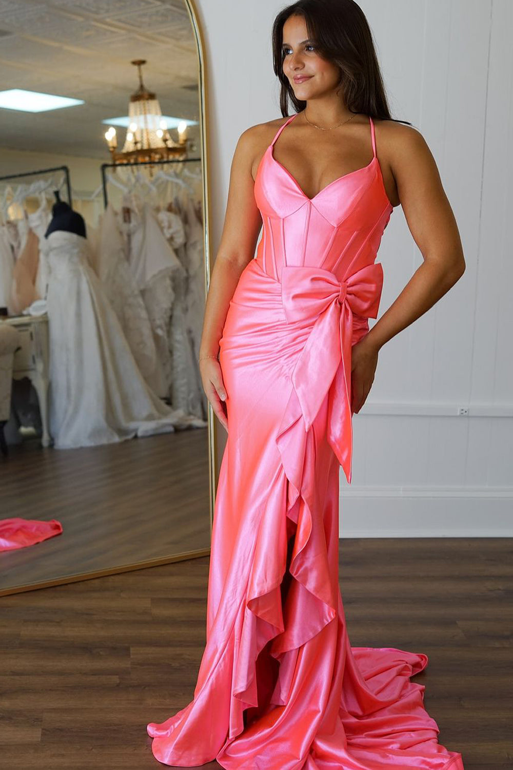 Cute Mermaid V Neck Pink Satin Slit Prom Dresses with Bow