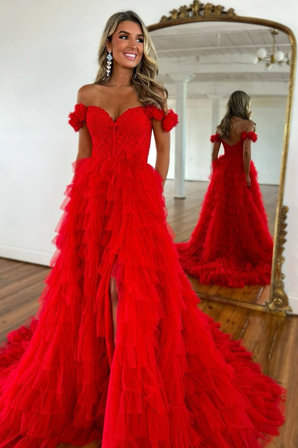 Cute A Line Off the Shoulder Red Tiered Tulle Prom Dress with Slit VK25012008