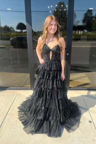 Sparkly A Line V Neck Black Tiered Tulle Long Prom Dresses with Appliques